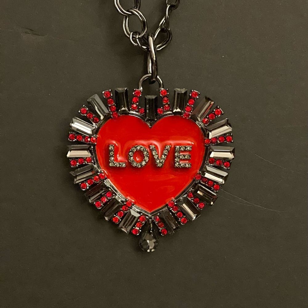 Love Necklace Heavy Black Chain Red Enamel Heart Womens Jewelry Rocker Steampunk